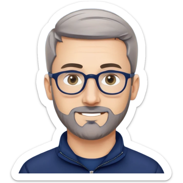 Caucasian man with oval face, hair cut extremely short and tight to head (military style), short beard with gray streaks, large black eyeglasses, cheerful expression, wide body type, navy blue long sleeve sweatshirt with quarter zip sticker