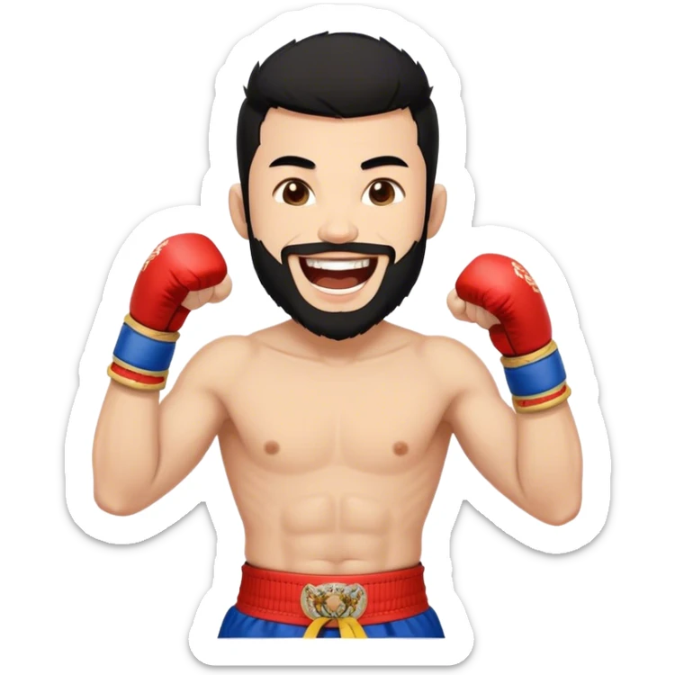 Minimal emoji of a guy, Trimmed beard, medium-length black hair, short sides, hair forward, muay thai fighter laughing sticker