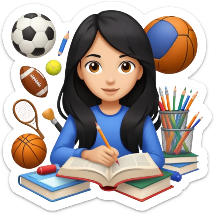 differemt girlhood hobbies floating back ground, 1 book, art, and sports, tanned long black hair sticker