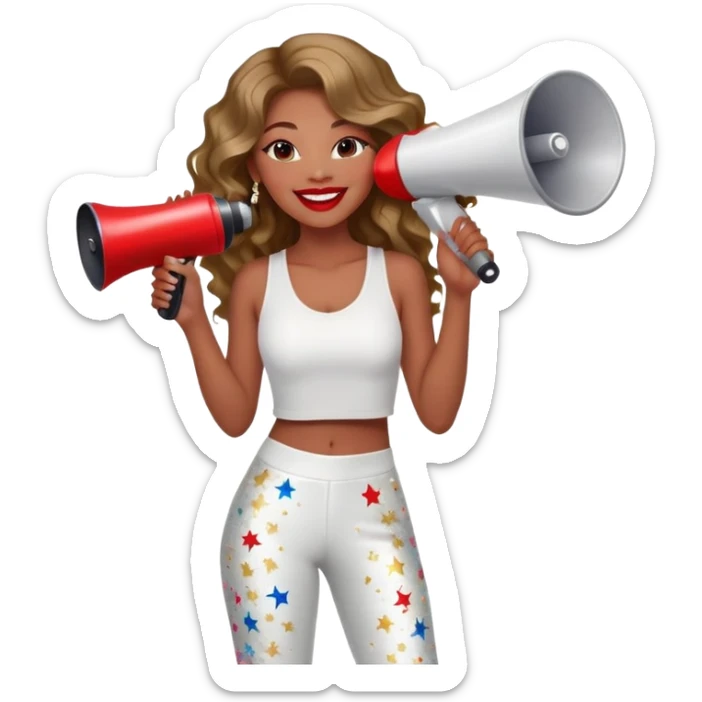 A confident young woman with long wavy hair and bold red lipstick smiles brightly. She wears a white “Liv Laugh Love” crop top, sparkly pants, and accessories, holding a red megaphone with colorful stars bursting out. sticker