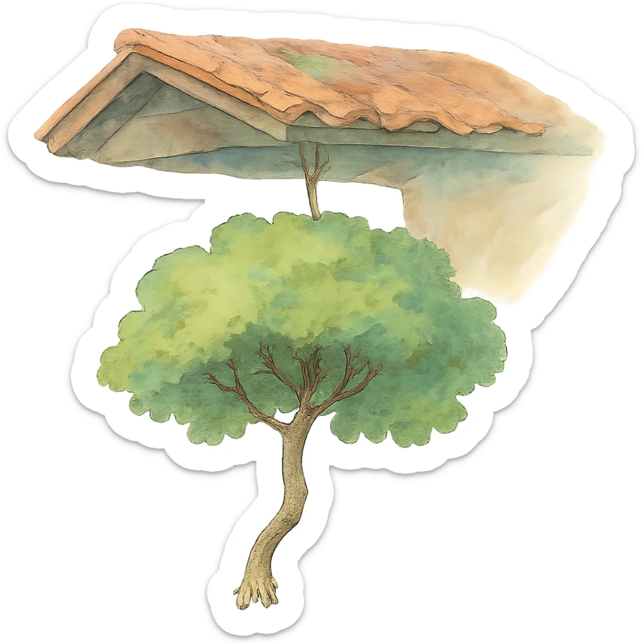 ghibli style illustration of a tree hanging from a roof, soft colors, whimsical sticker