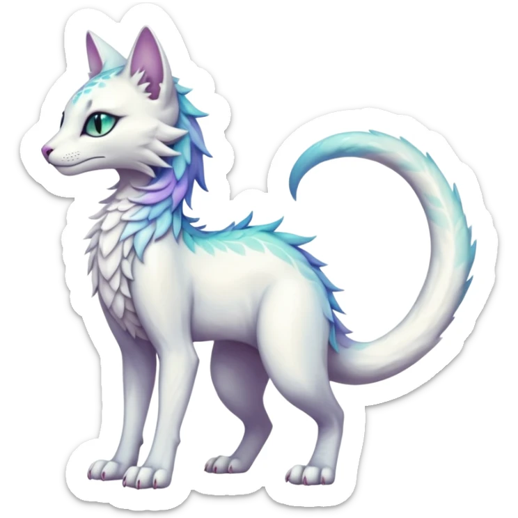 Kawaii white iridescent beautiful pretty elegant divine edgy fantasy feline-vernid-sergal-fursona animal creature with a tufted tail full body with intricate markings  sticker