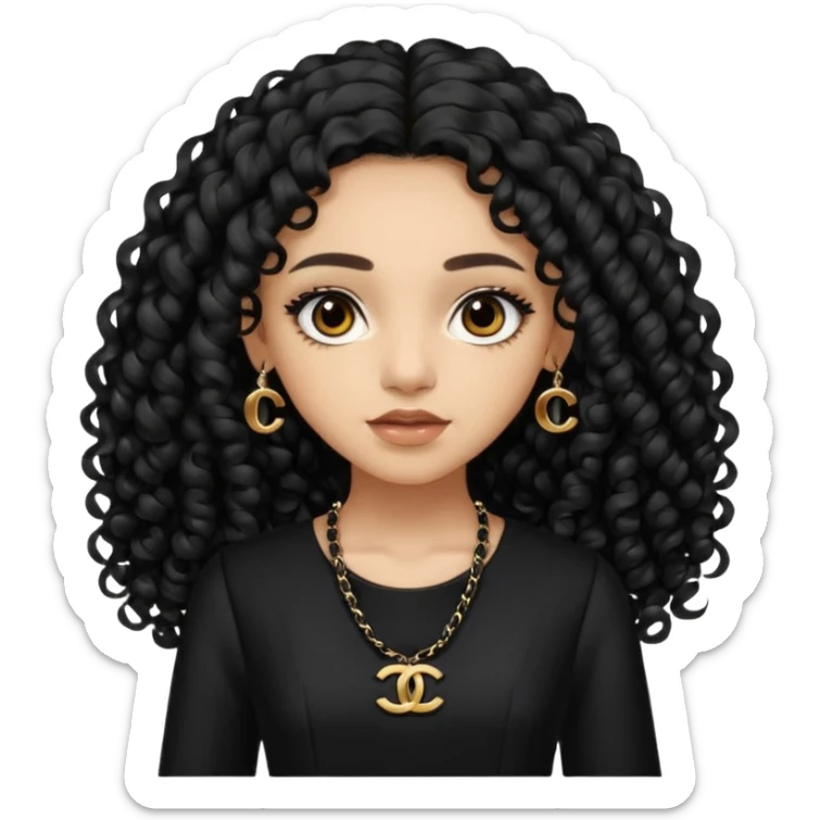 Light skin girl with black very long curly hair, brown eyes, black Chanel dress sticker