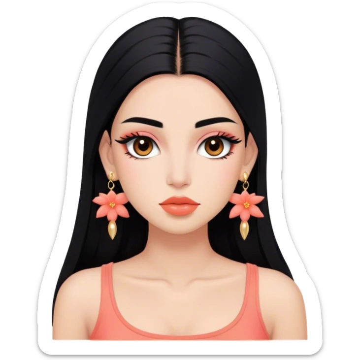 Tez morena, pelo negro largo lacio sin peinado, cejas pronunciadas, ojos grandes color marrones oscuro con pestañas largas, nariz pequeña, labios grandes color coral, rubor coral, top corto negro, orejas pequeñas y pantallas color oro sticker