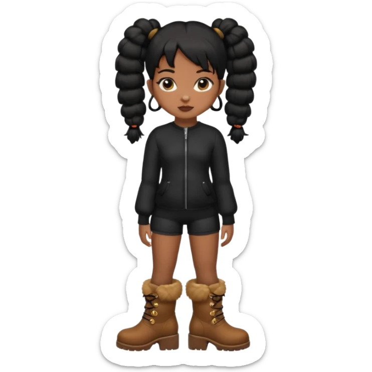 A brown skin girl thats slim and thick body with black hair into two puffy pigtails  and wears all black outfit with brown furry boots  sticker