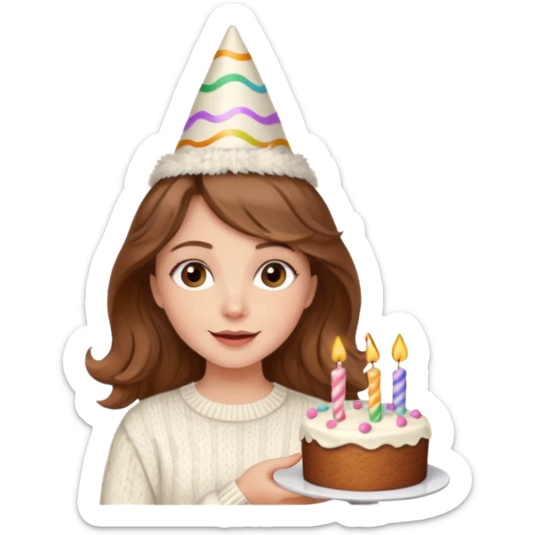 A pretty white girl with hazel brown eyes and brown wavy hair in a cosy white knit sweater, she is celebrating her birthday sticker