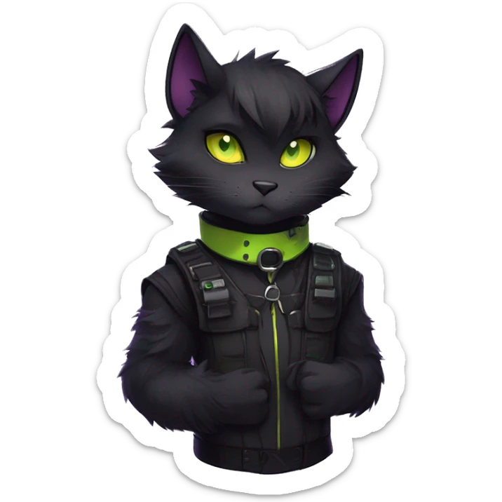 Gorgeous furry gothic dark techwear anime style anthro black cat furry sona Fakemon with blushing face yellow-green eyes aesthetic and pretty edgy black with violet collar and harness trending style sticker