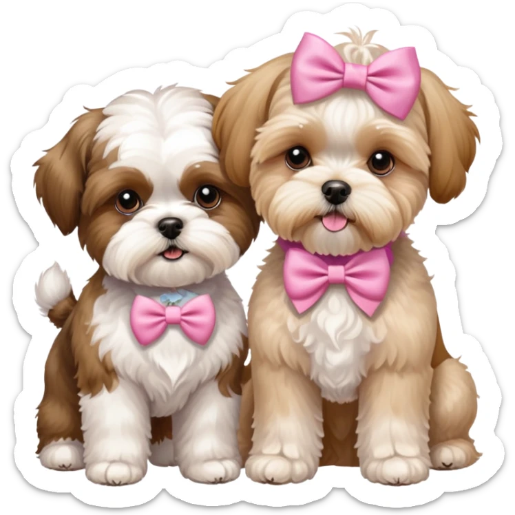 Brown and white Shitese with a pink bow and white/gold wheaten terroir and golden maltipoo playing together  sticker