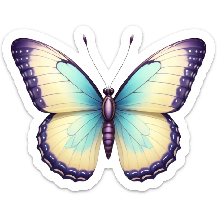 Beautiful and Majestic Butterfly Portrait Emoji, Head and body rendered in serene repose with a gentle, content smile, showcasing a delicately patterned form with softly shimmering wings and eyes peacefully closed in tranquil repose, Simplified yet exquisitely endearing features, highly detailed, glowing with a soft, drowsy pastel light, high shine, relaxed and utterly noble, stylized with an air of timeless natural beauty, soft glowing outline, capturing the essence of a majestic butterfly that embodies the pure enchantment of nature! sticker