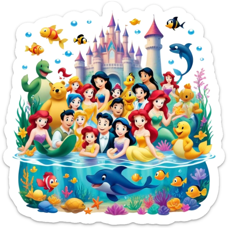 Icon for Animated Characters: A colorful, large-scale collage of beloved cartoon characters, including Franco, Mickey Mouse, Winnie-the-Pooh, Ariel the Little Mermaid, Jasmine and others. Bright and vibrant, full of whimsical charm. Transparent background. sticker