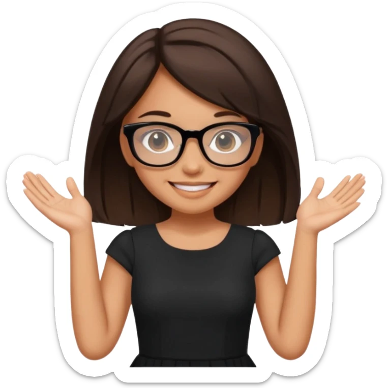 a cute brunette girl in a black dress wearing glasses  with two hands  sticker