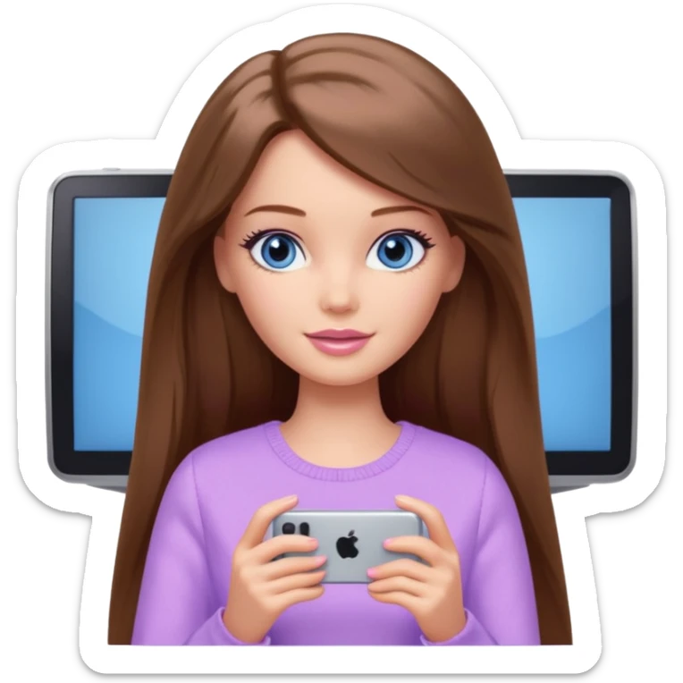 beautiful barbie girl with long brown hair, blue eyes and wearing light purple clothes watching netflix on tv sticker