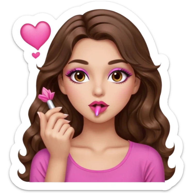 girl with long wavy brown hair, brown eyes, long lashes makeup, sexy pink lips, light to medium complexion, wearing a pink sexy top, blowing a kiss sticker