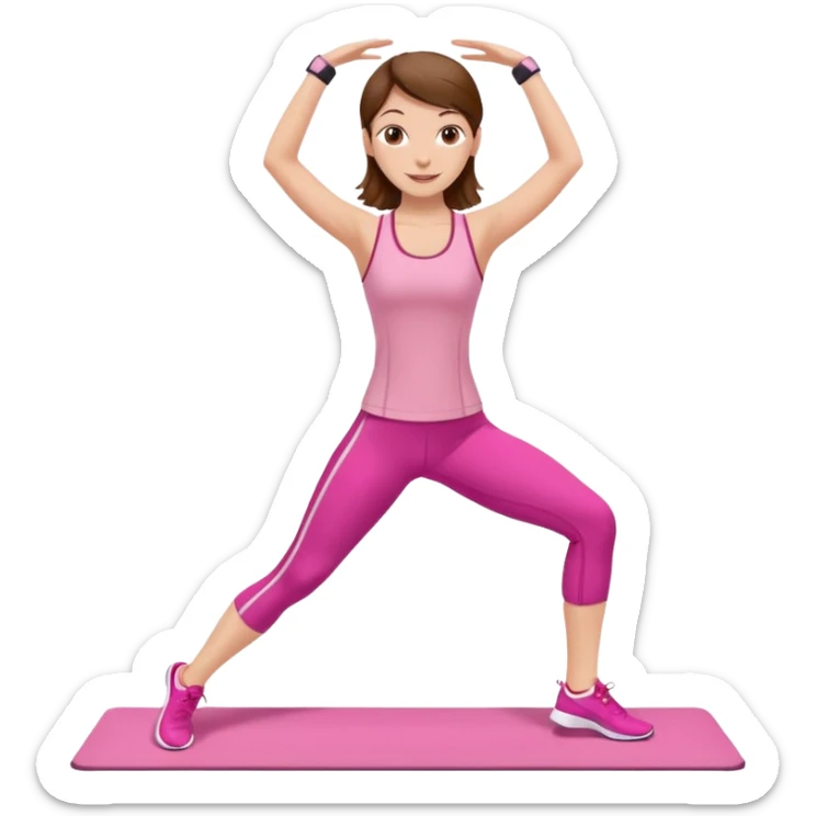 white woman with brown hair, pilates workout, pink athletic outfit, cheerful and active sticker