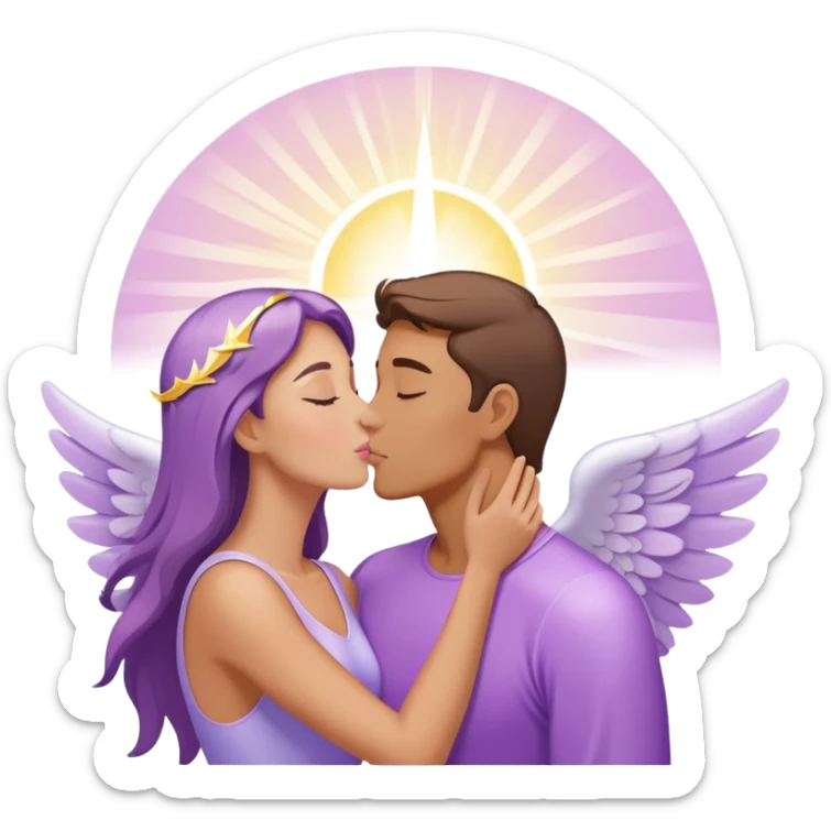 a pastel purple angel woman kisses White brunette man human with rays of light sticker