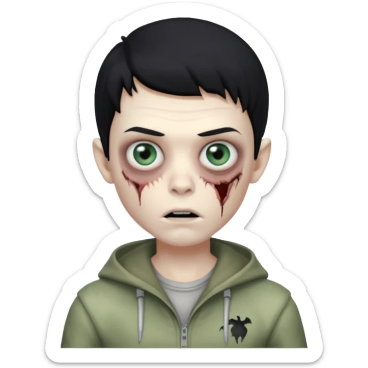 a pretty zombie boy with black hair bearing a resemblance to Ivan from Alien Stage in memoji apple format sticker