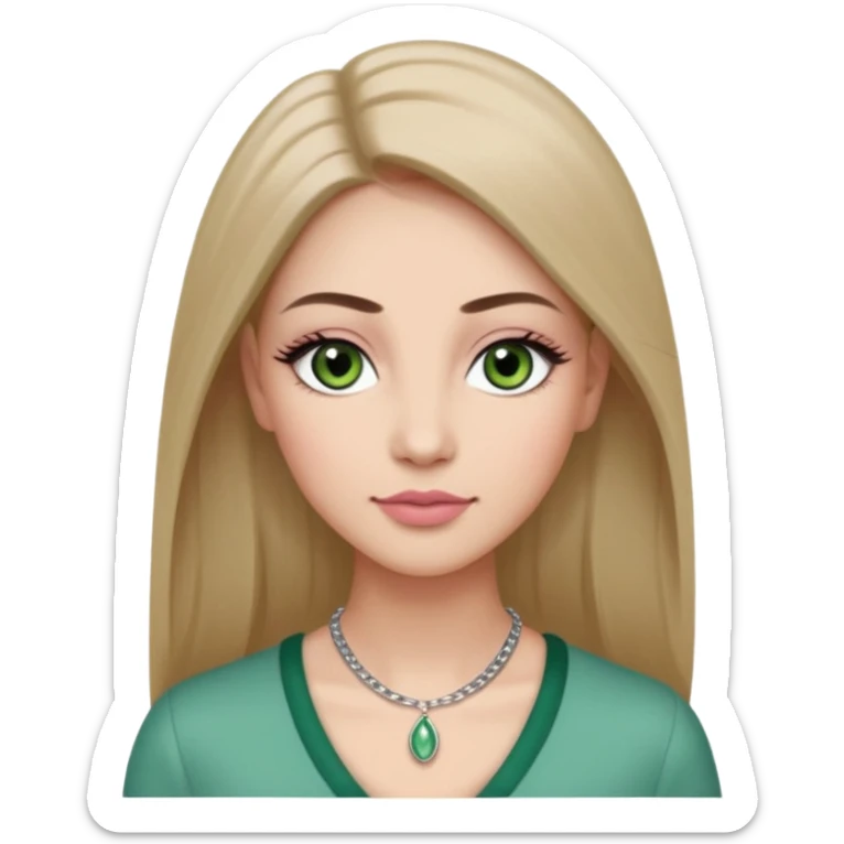 Adult woman avatar, light skin tone, oval face, long straight ash-brown hair, green almond-shaped eyes with dramatic eyelashes and minimal eyeliner, neutral mouth, medium straight eyebrows, small nose, natural pink lips, smooth skin with light natural blush sticker