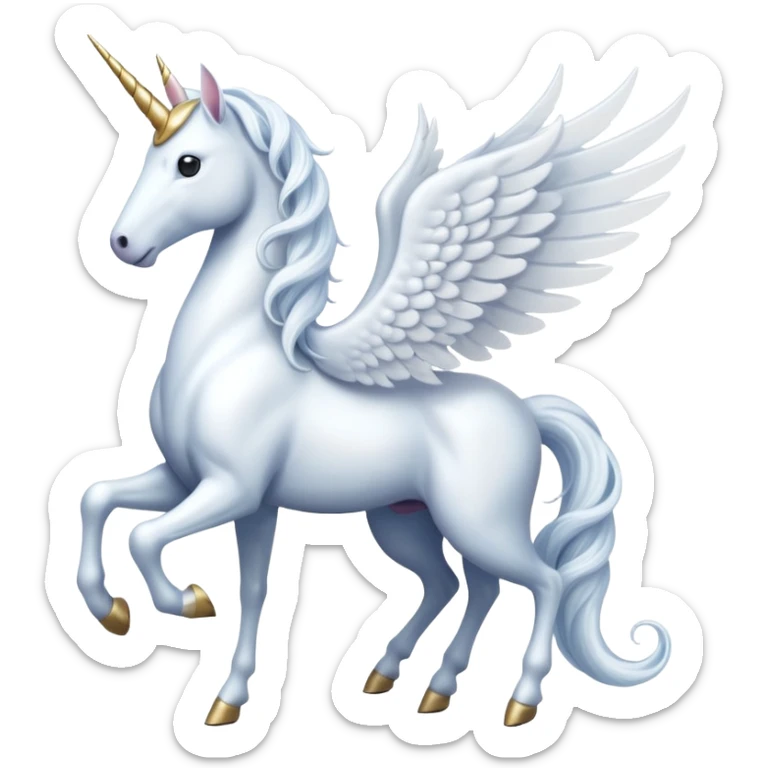 All white Cinematic Noble Unicorn with wings, slender with a flowing mane and tail and spiraled horn sticker
