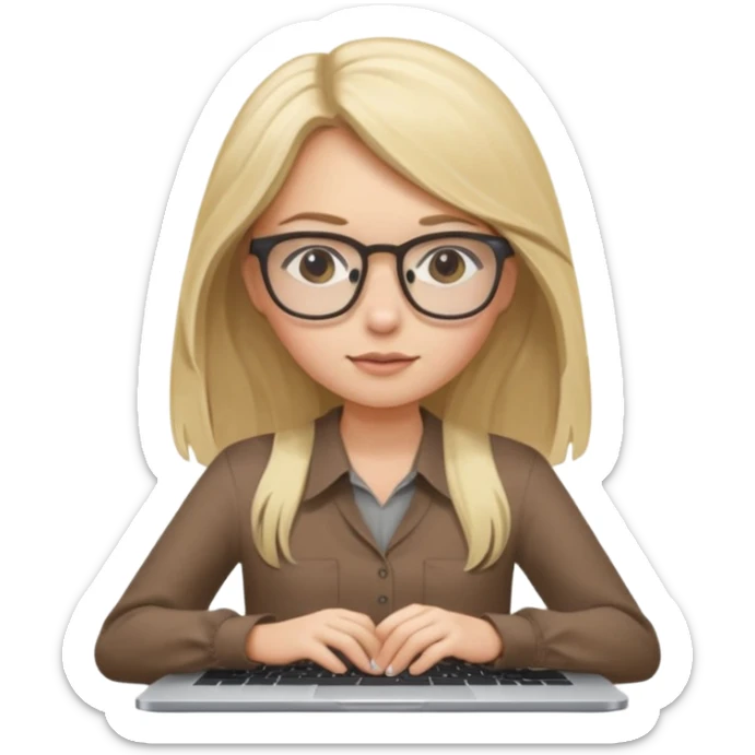 Girl in glasses, blonde long hair, brown blouse, typing on gray MacBook sticker