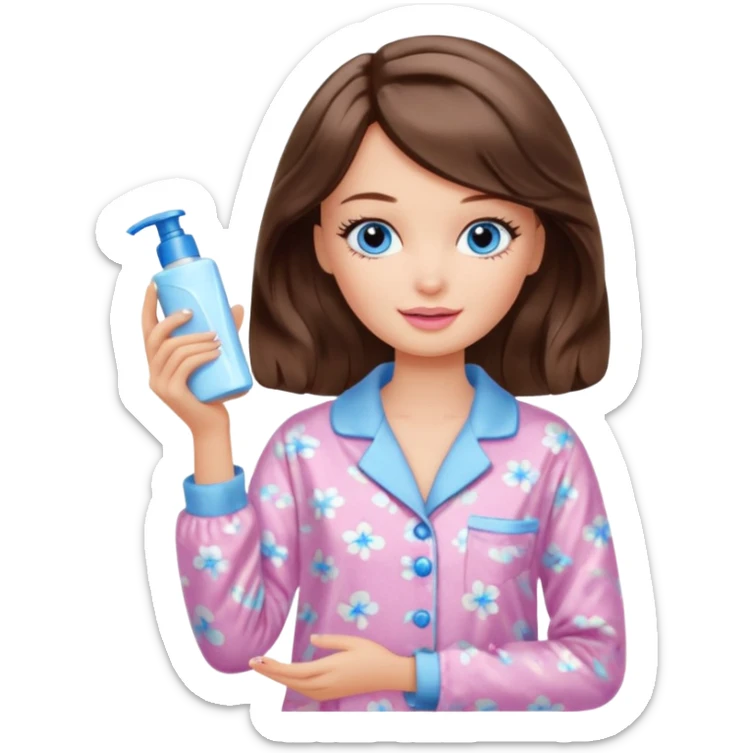 Barbie girl with makeup, blue eyes , and bob long haircut wavy, short brown hair in creamy color pajamas, face cream in hand sticker