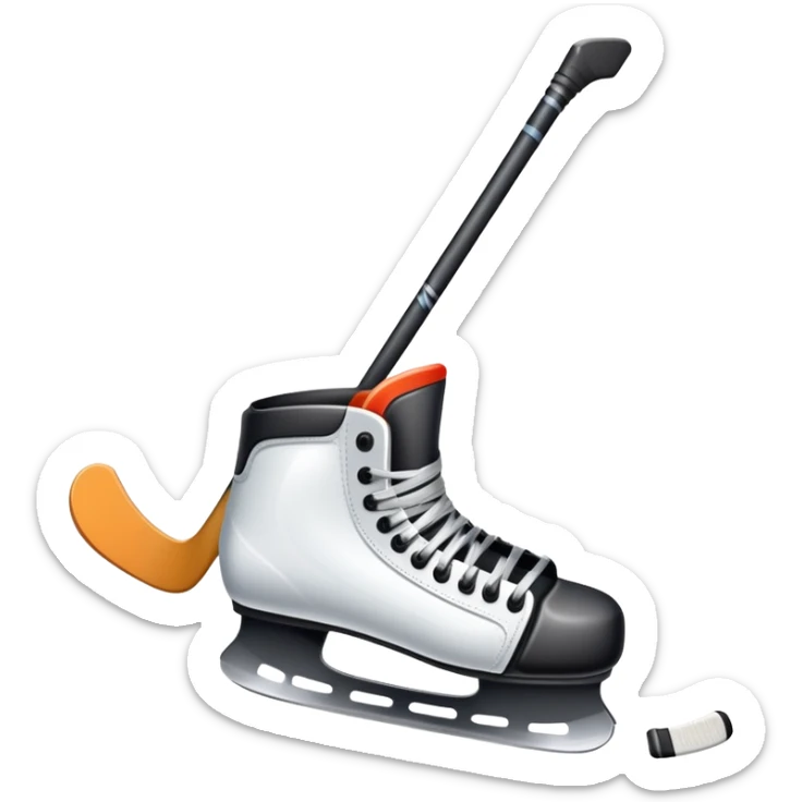 Please, make An icon featuring close-up shots of key hockey equipment: a hockey stick, puck, and skates. The background shows a packed stadium with cheering fans, bright arena lights, and an icy rink. Transparent background highlights the essentials of the game and the thrill of the sport. sticker