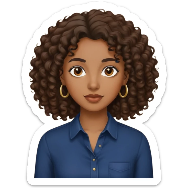 brown skin woman with dark brown curly hair wearing a navy blue shirt sticker