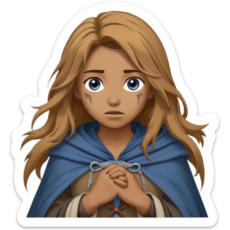A young human woman with long, unkempt golden-brown hair, piercing blue-gray eyes filled with quiet determination. Dressed in a worn tunic and a tattered cloak, her calloused hands grip a bow, a hunter surviving against the odds. sticker