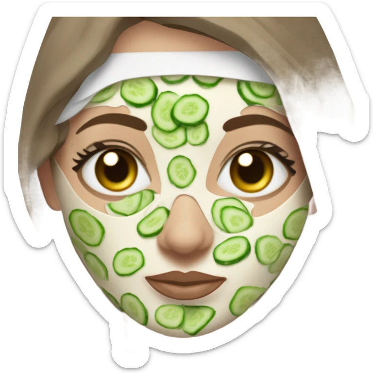 White girl with Brown hair and blue eyes wears a Green clay colored skincare textured mask and puts on cucumbers around her eyes while She relaxes in her white Robe sticker