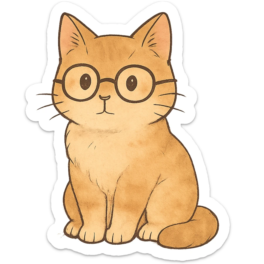 soft toned kawaii cat with glasses on a simple background in ghibli style sticker