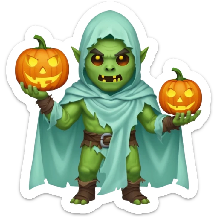 male orc warrior ghost emoji, green skin, wearing torn white ghost sheet costume, holding glowing jack-o'-lantern, faint blue aura, friendly but spooky expression, Halloween fantasy theme, Apple emoji style, clean white background, square sticker