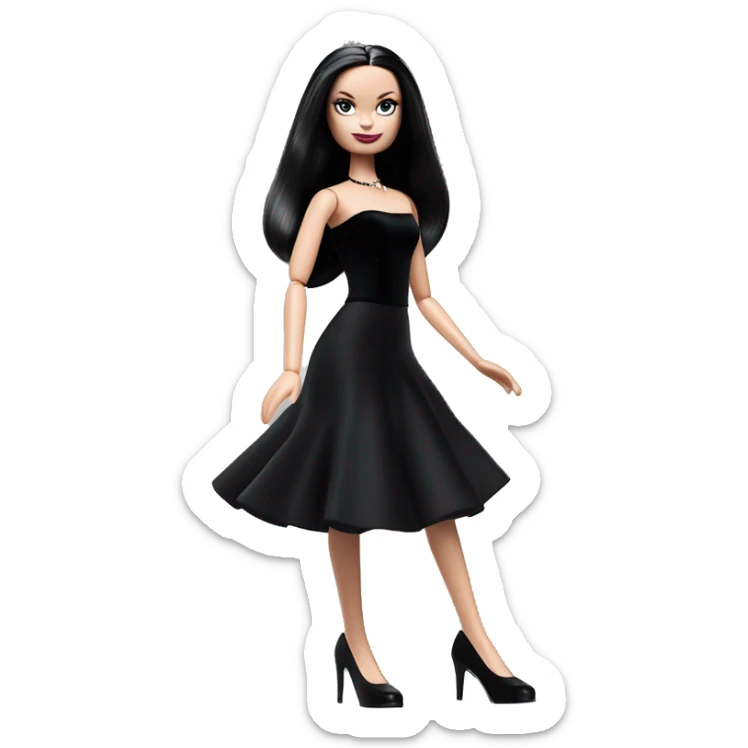  Bunny Wednesday Addams Barbie dancing.  Pretty face. Longer hair, short black flowing strapless tight evening gown with  plunging neckline that’s off-the-shoulders that also shows her legs and black shiny velvet high heel shoes. sticker