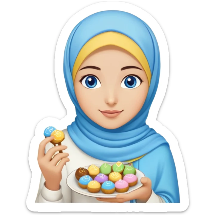 Turkish beautiful finish Konya girl blue eyes with lila yellow hijab islamic dress and had on her hand text Eid Mubarak with sweets and celebrating with her friends eid days   sticker