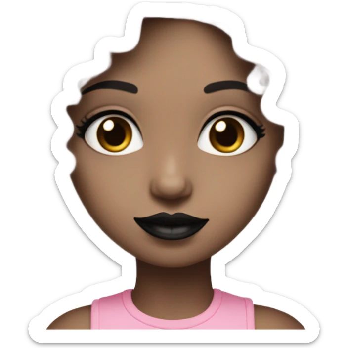 pale girl has black curly hair with black lipstick and pink top sticker