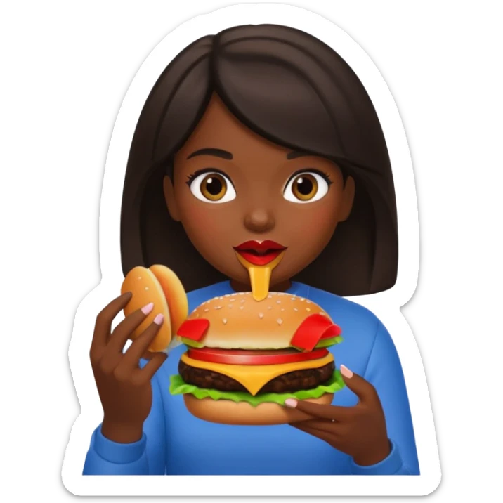 a girl with dark hair eating a burger, apple memoji style sticker