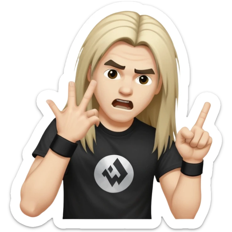 A person headbanging with long hair, wearing a black band t-shirt, making rock hand gesture sticker