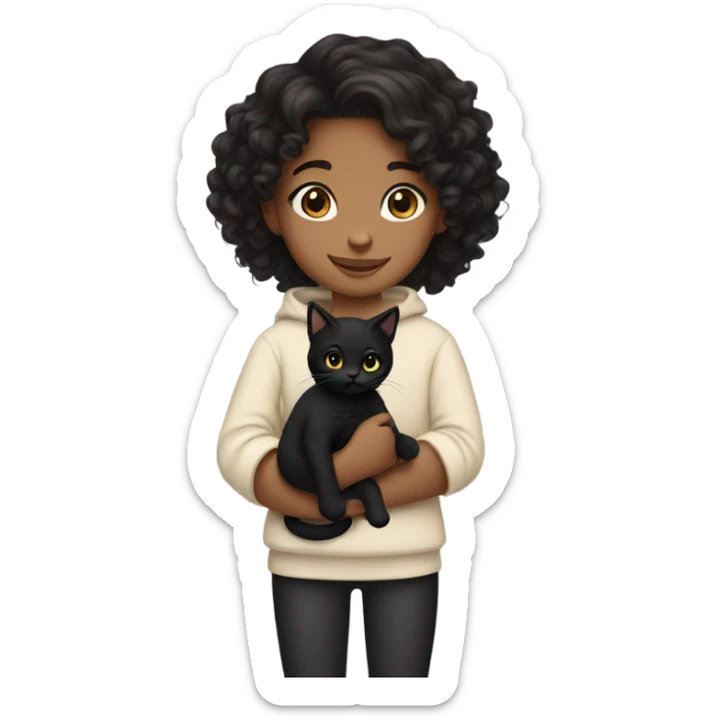 Girl holding black kitty. The girl has dark long curly hair and tan skin color  sticker