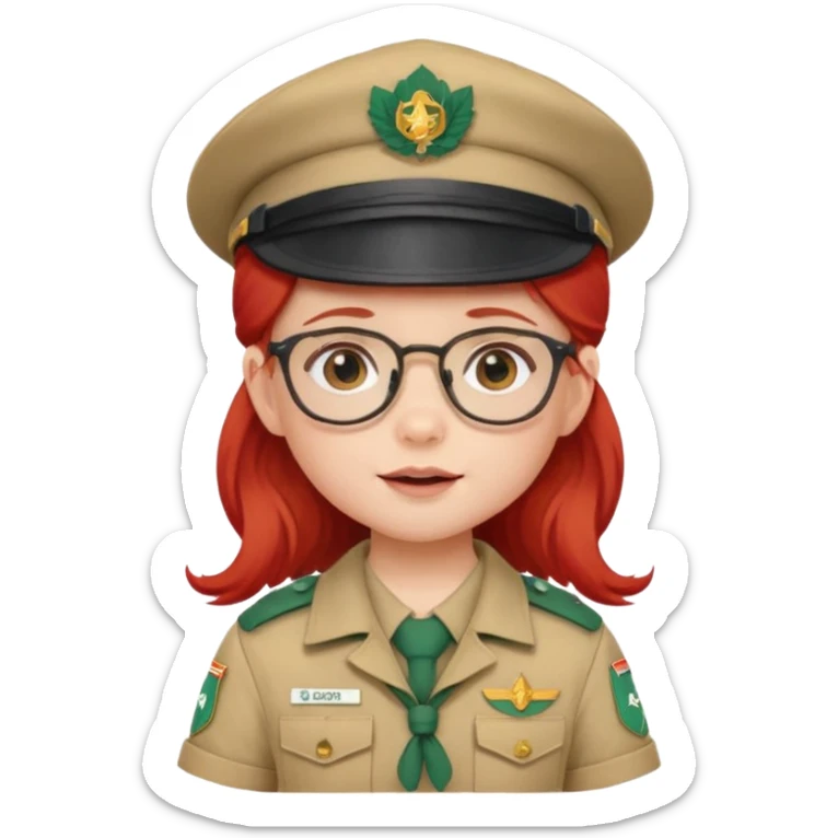 scout girl baby with uniform including the hat,  little with glassess and long red hair sticker