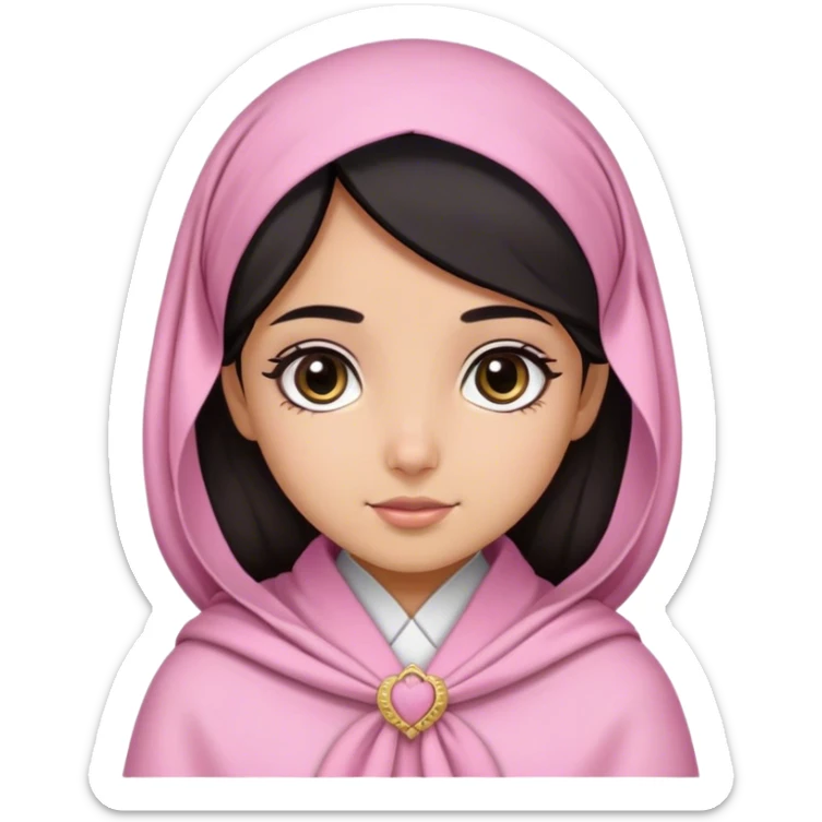 A girl wearing pink Emirati clothes and a shawl in a lighter color than the clothes, cute, her hair is black-brown, her eyes are black, her skin is wheatish, she looks very cute and she is wearing a hair bow on one side sticker