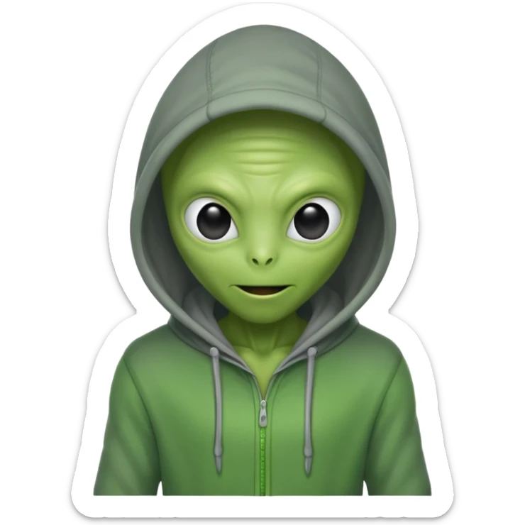 green alien in gray hoodie full height, wear hoodie hat, happy sticker
