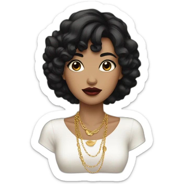 girl with black hair, dark eyes, gold earrings and necklace and bold lips sticker