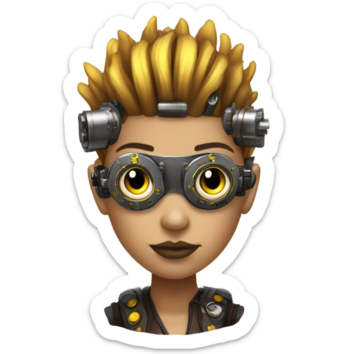 Brown with yellow streaks Mohawk hair female cyborg head, fair skin, steampunk goggles and circuits sticker