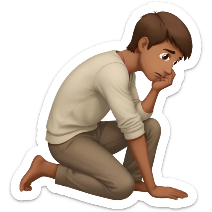 a man with brown hair staying in profile on a floor with anxiety and begging face sticker