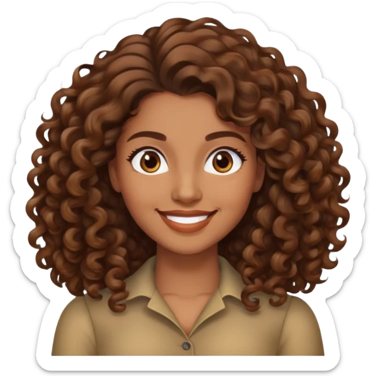 "- Nữ
- 30 tuổi
- Da nâu
- Tóc xoăn nâu, dài, phồng sang bên trái
- Mặt cười mỉm
- Đổi ngôi tóc sticker