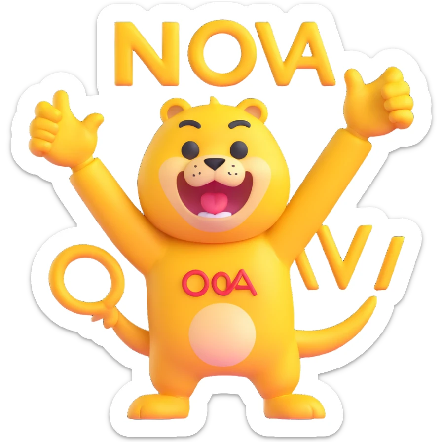 yellow-skinned animal mascot clutching 'N.O.V.A.' letters, energetic and fun, modern emoji style sticker