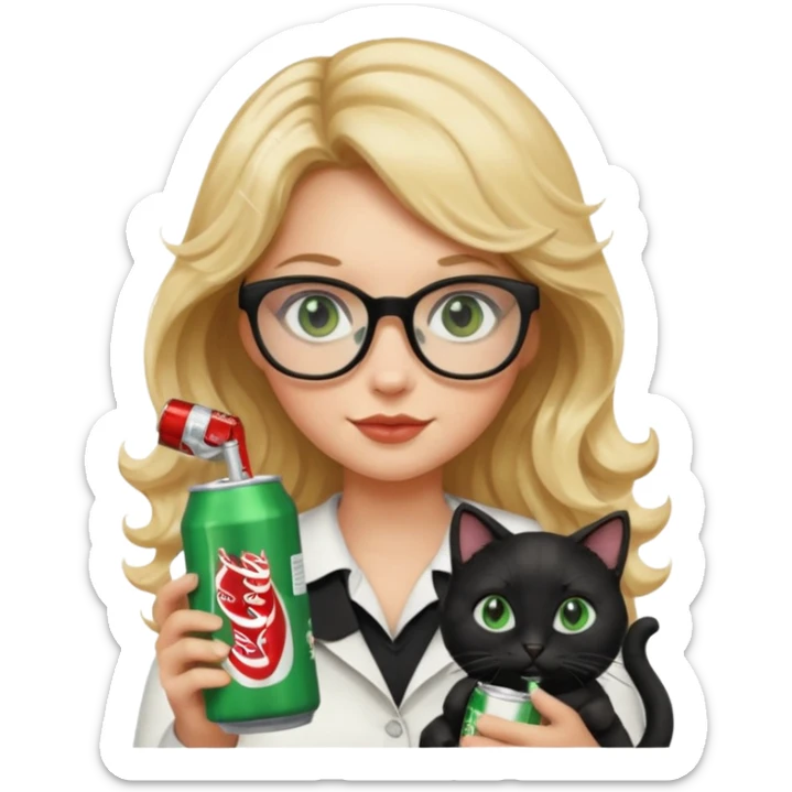 Blonde girl with wavy hair and glasses holding a black cat that has green eyes in one hand and a Diet Coke can in the other hand  sticker