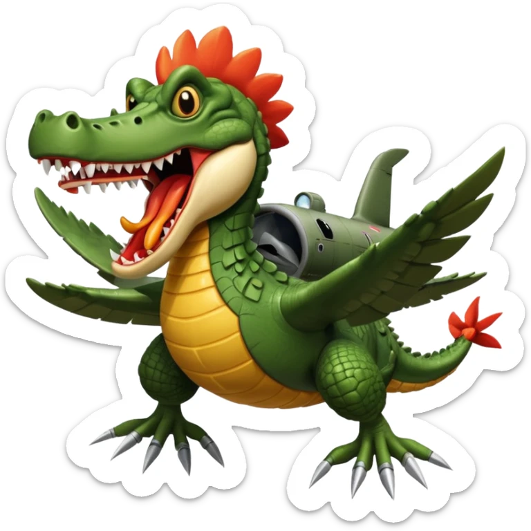 crocodile head with a terrifying mouth merged with a military bomber body, arms as airplane wings with rockets, legs as massive chicken legs like a hut on chicken legs, moving with a roar, trail of destruction sticker