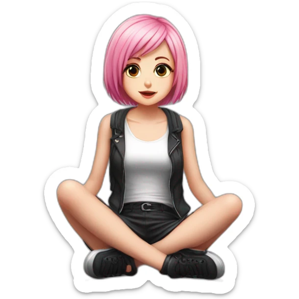 Full body Front view curvy emo girl pink hair sits on the floor straight view hands up black skirt белые трусики полосатые рваные чулки sticker