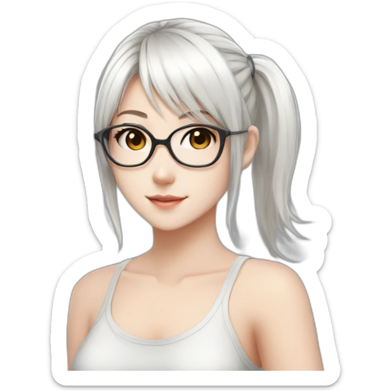 anime style white hair catgirl, black glasses, tank top, pony tail hair, sticker