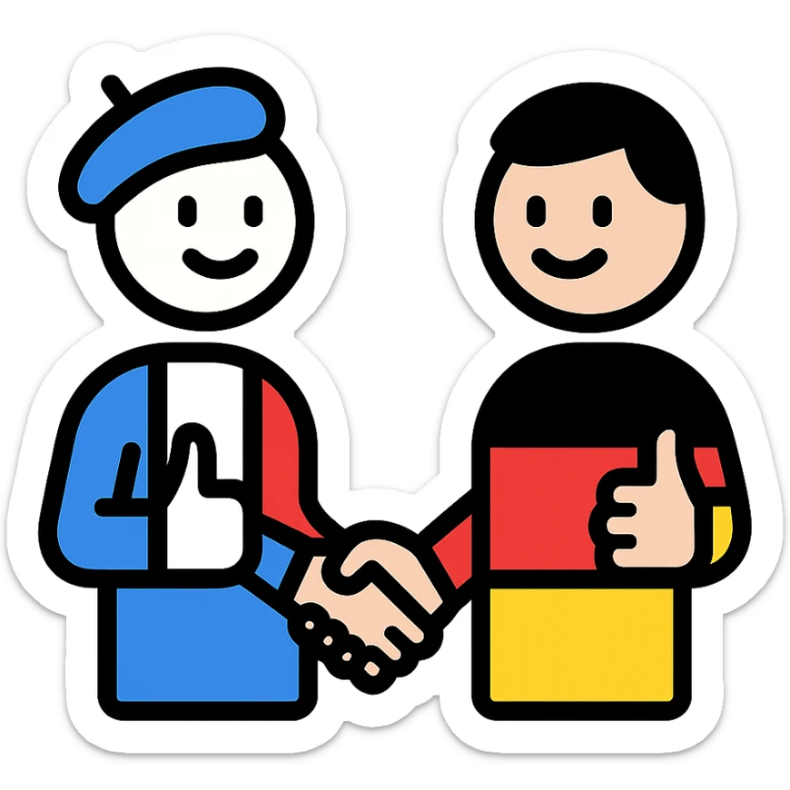A simple icon style of a French and a German character shaking hands and giving thumbs up, French in blue-white-red colors, German in black-red-yellow colors, minimal details. sticker
