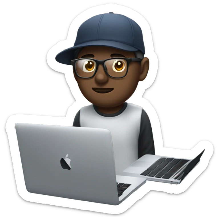 White male with dark hair, clear lens glasses in front of a MacBook with overeat headphones on and a backwards hat sticker